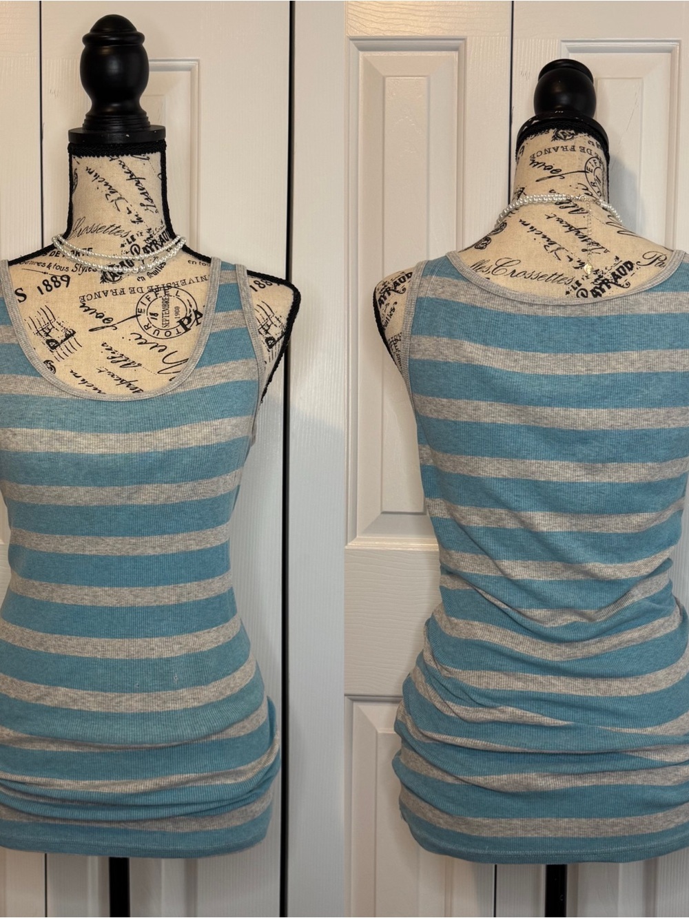 Faded Glory Blue & Gray Striped Scoop Neck Tank